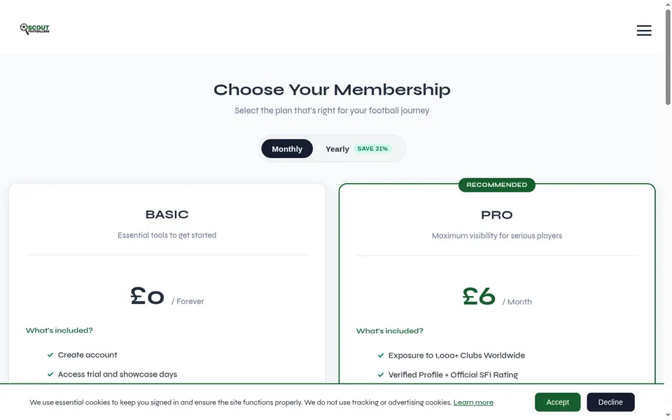 Scout Footballers homepage screenshot
